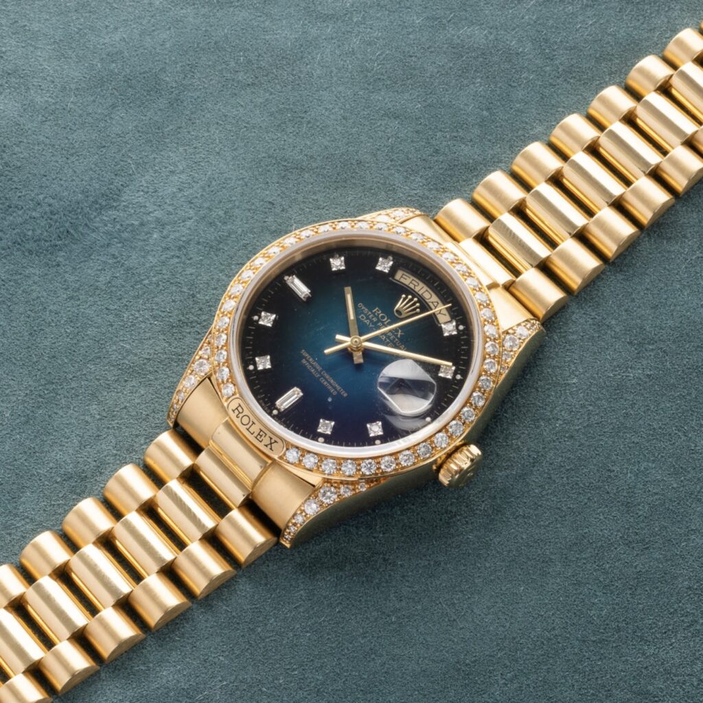 Rolex Daydate President 18138 with "Petrol Blue" vignette dial, factory diamonds on bezel and lugs in 18k yellow gold - immagine 2