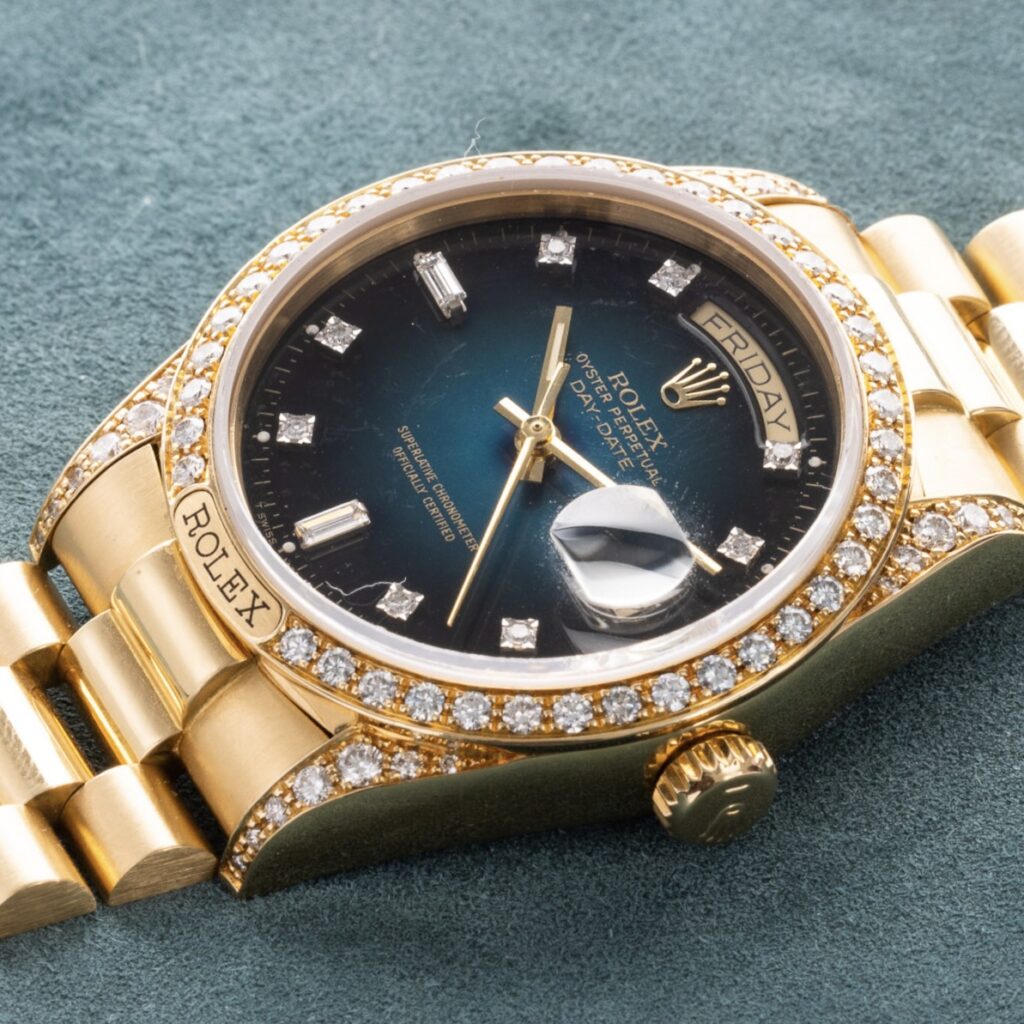 Rolex Daydate President 18138 with "Petrol Blue" vignette dial, factory diamonds on bezel and lugs in 18k yellow gold - immagine 3